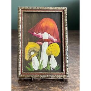 Vintage Hand Painted Mushrooms Signed Framed Colorful Gallery Wall